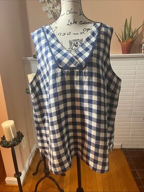 Blue and White Gingham Sleeveless V-Neck Top by Talbots Plus